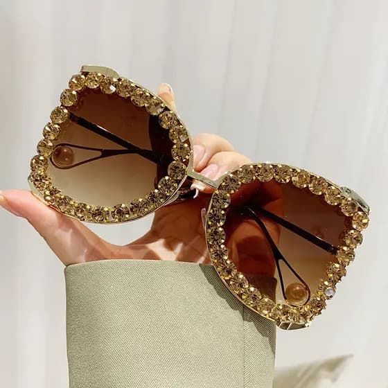 Moda Vintage Diamante Oversized Óculos De Sol Feminino Grande Quadro Punk Cristal Strass Tons NAZF