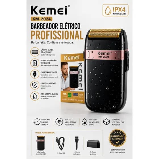 Barbeador Elétrico Kemei KM-2024 Recarregável USB Masculino Lâmina Dupla Portátil para Barba