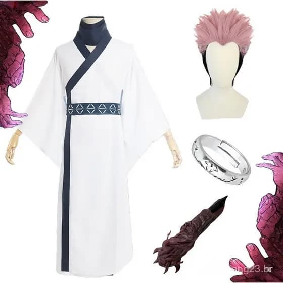 Peruca de Cosplay Anime Jujutsu Kaisen Ryomen Sukuna para Homens e Mulheres Adultos, Anel de Dedo, Kimono, Uniforme Hanf