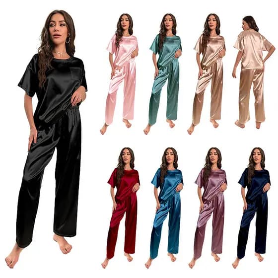 Pijama de seda gelada Yao Ting para mulheres, conjunto casual solto de verão com mangas curtas e calças compridas para u