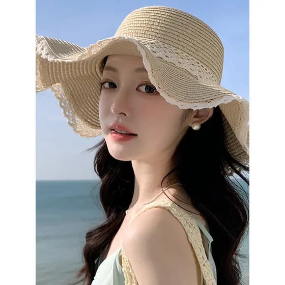 chapeu de praia masculino chapeu de praia chapeu praia Chapéu de palha de renda francesa feminino verão legal chapéu pro