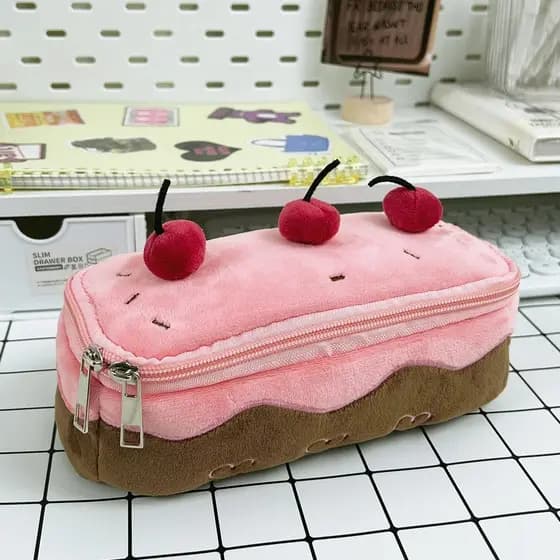 Lindo Estojo De Lápis De Pelúcia De Bolo De Cereja Cor-De-Rosa Kids Saco De Papelaria Cosméticos Suprimentos Escolares
