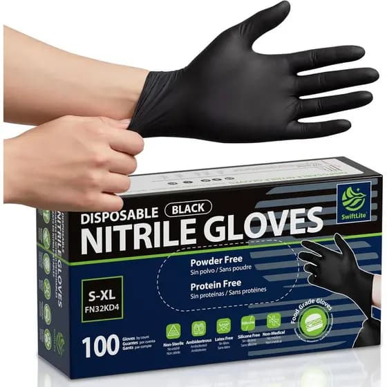 Luvas Descartáveis de Nitrilo SWIFTLITE Pretas, Luvas de Borracha Seguras para Alimentos, Sem Látex e Sem Pó, para Cozin