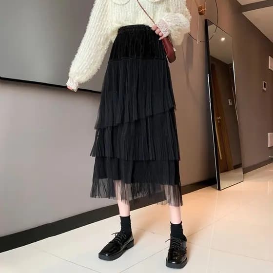 Saia de malha feminina saia de gaze saia longa outono inverno novo estilo cintura alta a linha Super fada pequena saia d