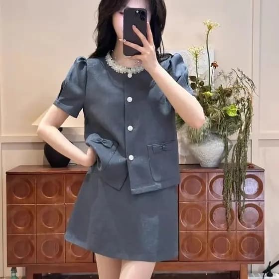 Estilo coreano High-End idade-reduzindo terno saia feminina 2025 verão cinza Casual terno de manga curta jaqueta saia cu