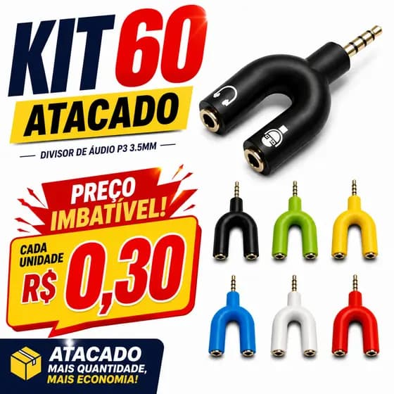 Atacado Kit 10 Splitter P3 para P2 | Adaptador Áudio e Microfone para PC Xbox PS4 Headset GAMER P25