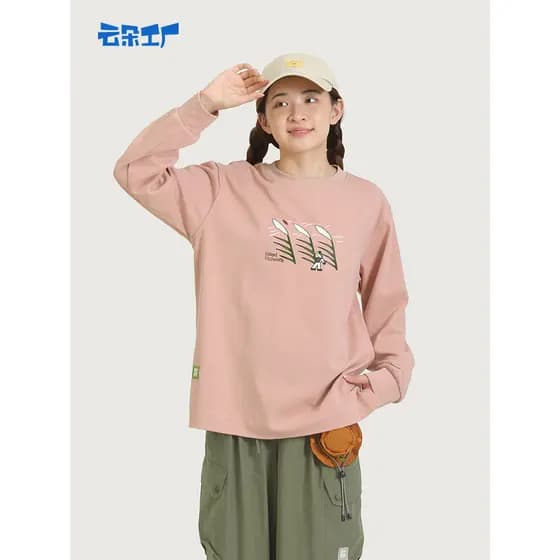 Nuvem fábrica flor acadêmico impresso em torno do pescoço de manga comprida camiseta feminina solta confortável algodão