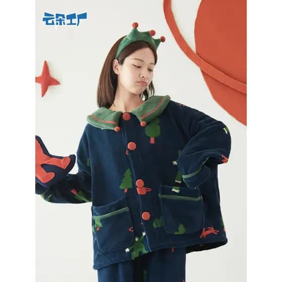 Cloud Factory Impresso Lapela Loungewear Terno de Manga Comprida Forro de Lã Coral Engrossado Quente Natal Paja