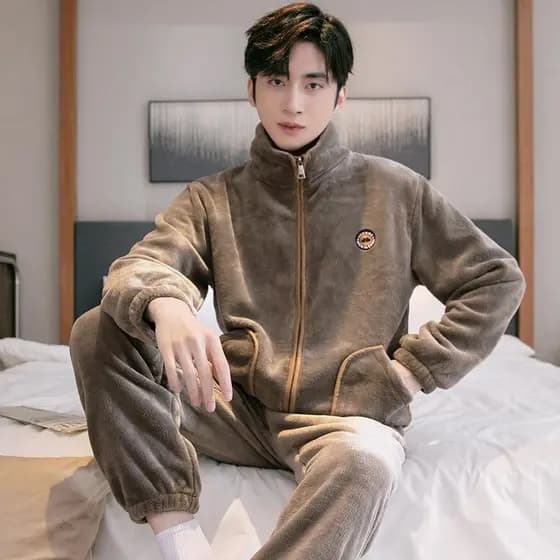 Pijama de lã Coral engrossado masculino outono inverno manga comprida engrossado flanela de lã masculina primavera outon