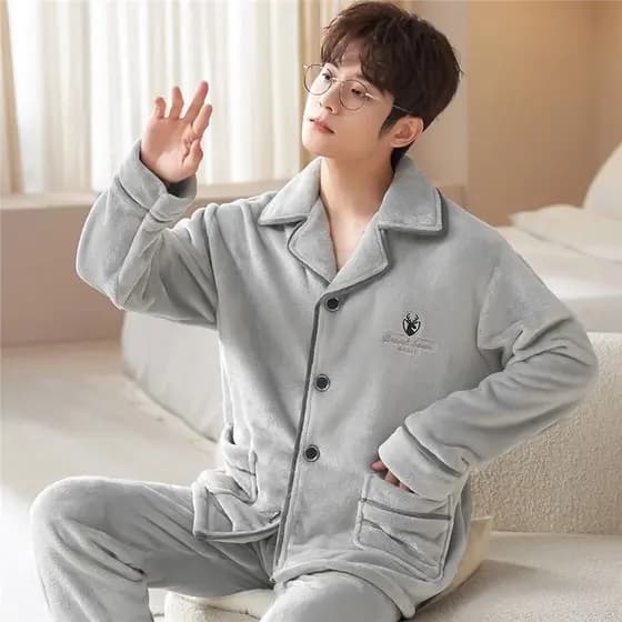 Outono inverno novo estilo pijamas homens engrossado flanela terno Coral velo Loungewear mais velo Cardigan tamanho gran
