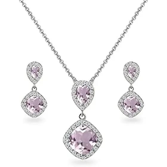 Conjunto De Joias De Pedra De Aniversário De Prata : Colar Com Pingente De Gota & amp ; Par De Brincos Pendurados Para M