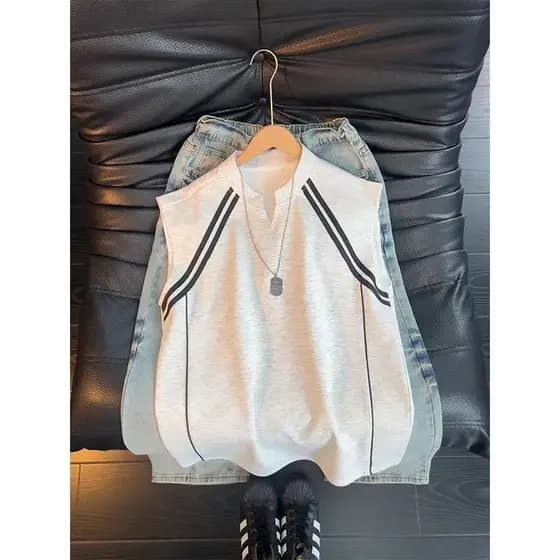 Americano Retro listrado camiseta colete masculino verão High-End sentimento cleanfit sem mangas camiseta lapela colete