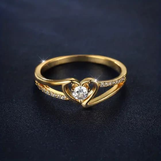 Anel Feminino Dourado com Coração e Zircônia