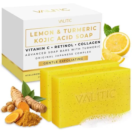 Sabonete VALITIC de Limão e Cúrcuma para Manchas Escuras - Sabonete de Ácido Kójico para Rosto e Corpo - Barra Esfoliant