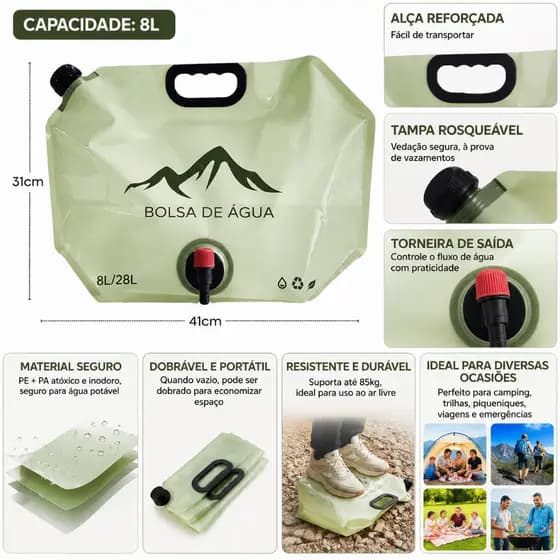 Saco de água dobrável grande de 8 litros — saco de água portátil com torneira
