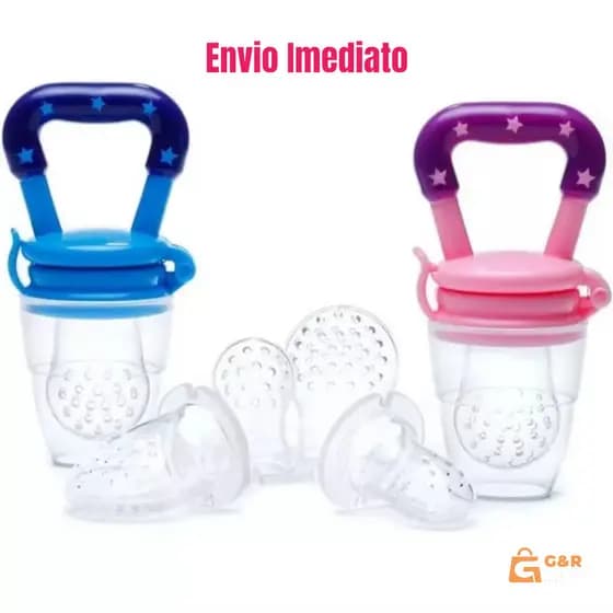 Chupeta Mordedor Alimentadora Para Bebê De Silicone Porta Fruta Azul/Rosa