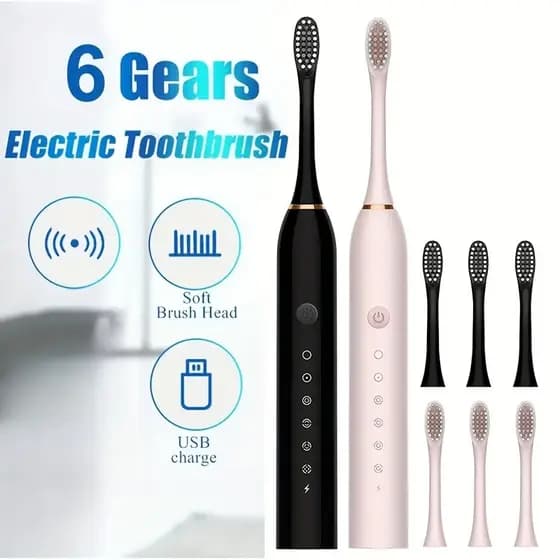 Escova de dentes elétrica Smart Timing com modo de 6 velocidades, IP67 à prova d'água, escova de dentes portátil USB rec