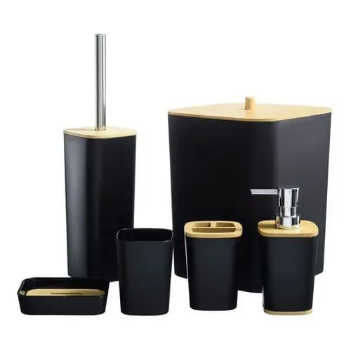 Kit Banheiro 6 Acessórios Lavabo Detalhes Bambu Lixeira Fechada Saboneteira Porta Escova De Dente