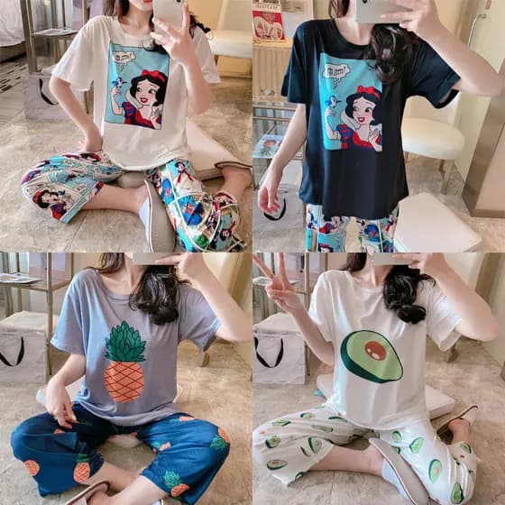 Calças cortadas de manga curta curtas pijamas femininos verão versão coreana Mickey neve branca dos desenhos animados es