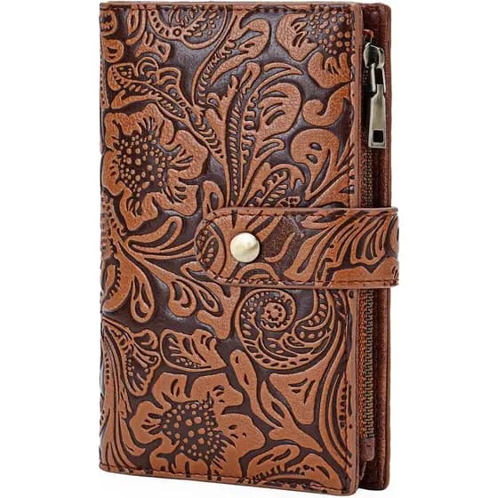 Carteira Feminina GOIACII com Bloqueio RFID, Carteira de Viagem Tri-fold com Bolso para Moedas com Zíper, A01 Marrom