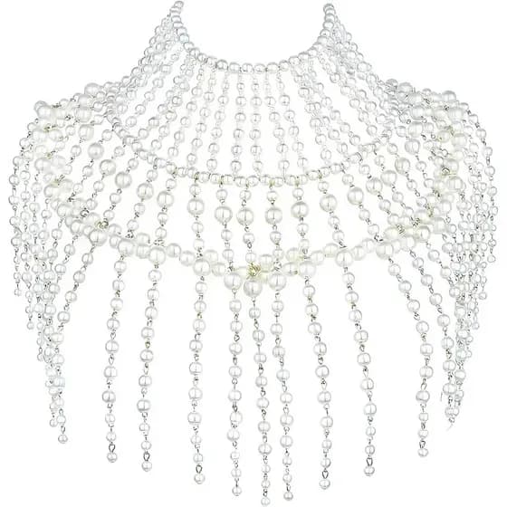 Xale de pérolas, joia de corpo em camadas para o ombro, com colar gargantilha de pérolas.