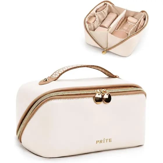 Bolsa de Maquiagem Feminina Prite em Couro PU, Necessaire Impermeável para Viagem com Compartimento Transparente e Alça