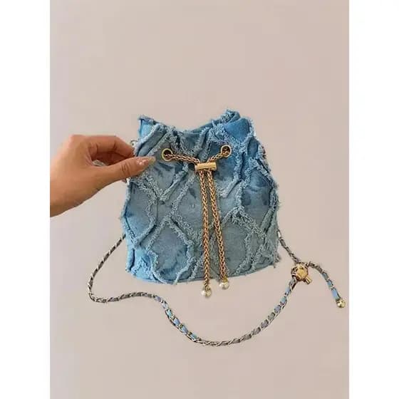 Bolsa Transversal Feminina Elegante com Decoração de Pérolas Falsas, Estilo Boho, Bolsa de Ombro em Denim, Bolsa Transve