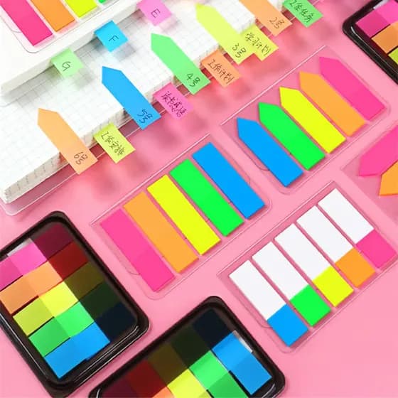 Marcador de Página de Plástico com Bandeira, 5 Cores Fluorescentes, Adesivo