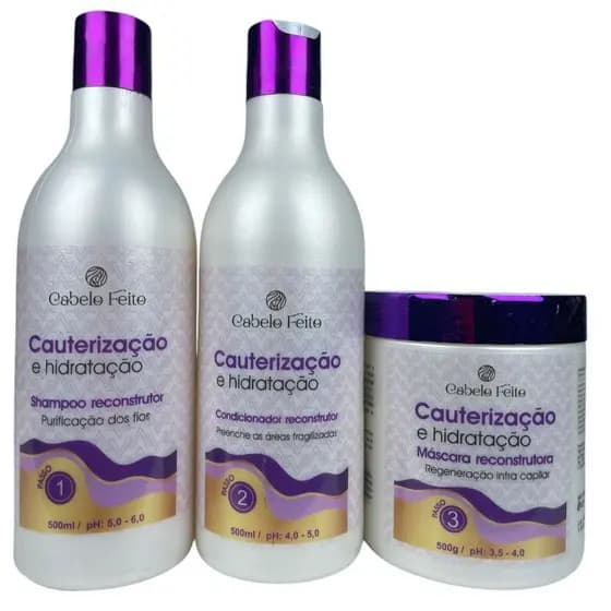 Kit Capilar Cauterização e Hidratação Para Cabelos Fragilizados 3 Passos Cabelo Feito