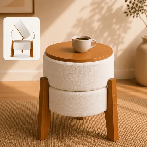 Puff Moderno 2 em 1 - Assento ou Mesa de Apoio - Tecido Boucle Pés em Madeira Maciça Banqueta Multiuso Puff Mesinha