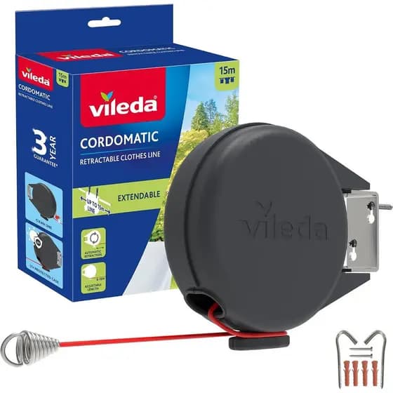 Varal Retrátil Cordomatic Simples Vileda, 15m, Suporta até 15kg | Varal de roupas extensível com retração automática,