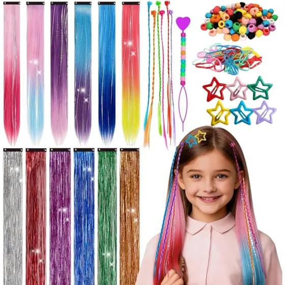 Kit de 18 Peças de Fios de Cabelo Coloridos para Meninas com 6 Extensões de Cabelo Lisas com Clip, 6 Cores de Glitter pa