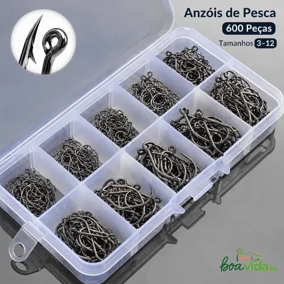Kit de Pesca 600 Anzóis De Tamanhos 3 A 12 Com Estojo De Armazenamento