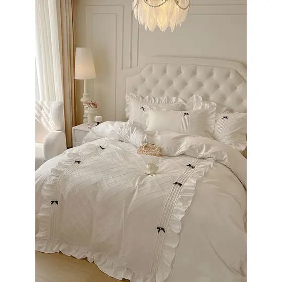 Conjunto de quatro peças com laço para meninas francesas, algodão puro, renda, capa de edredom, saia de cama de algodão,