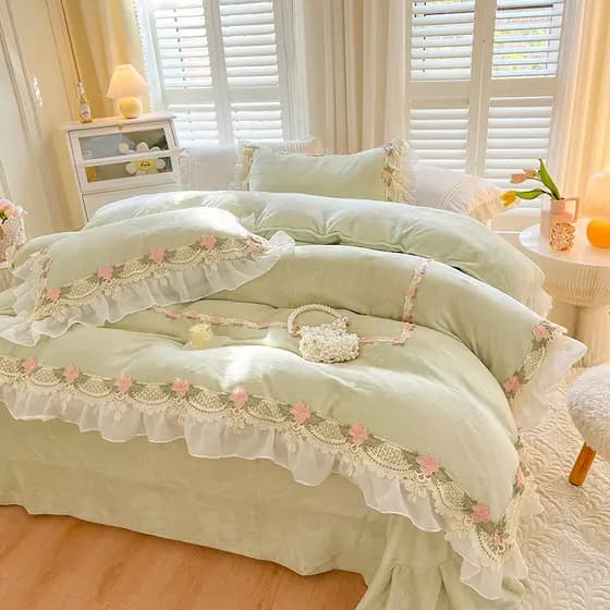 Inverno renda borda de pelúcia engrossado cama conjunto de quatro peças estilo princesa francesa capa de edredão de pelú