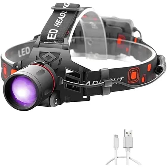 Lanterna de Cabeça com Luz UV, Lanterna de Cabeça com LED UV Luz Negra 395nm Luz Ultravioleta Roxa Recarregável e com Zo