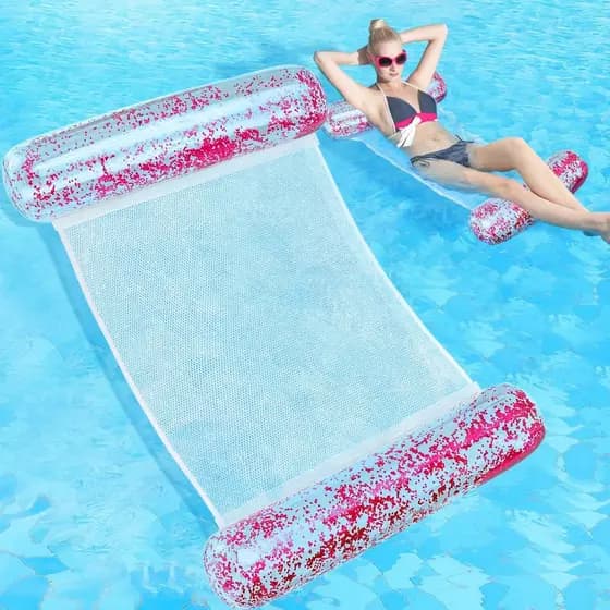 Sratte Rede Flutuante Inflável para Piscina com Glitter, 4 em 1, Multiuso, Flutuadores Infláveis para Piscina, Rede de Á