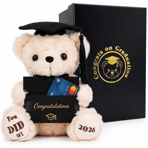 Urso de Formatura 2026, Pelúcia de 8 Polegadas com Porta-Dinheiro | Porta-notas e cartão-presente, caixa com estampa d