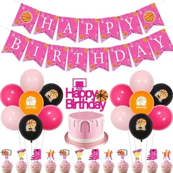 Decorações de Festa de Aniversário com Tema de Basquete Rosa - Faixa, Topper de Bolo, Topper de Cupcake, Balões, Decoraç
