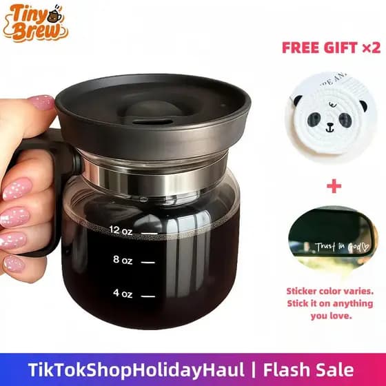 Cafeteira pequena, design 4 em 1, cafeteira de vidro de 16 onças altamente compacta com tampa e bico. | Presentes dive