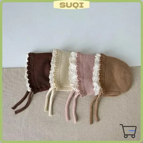 Chapéu De Bebê SUQI , Boné De Proteção De Ouvido Com Renda Babados , Lã Tricotado De Cor Sólida Para Meninos E Meninas