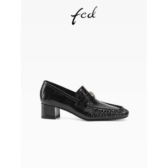 Fed preto enguia padrão couro sapatos de salto grosso feminino primavera novo estilo sapatos de couro plissado meados de