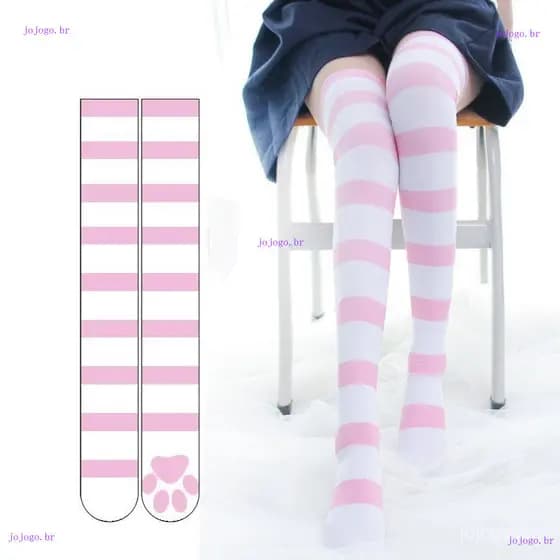 Meias Lolita Rosa Acima do Joelho com Estampa de Patinhas de Gato, Estilo Gótico, Meias Longas de Veludo JK YO5F