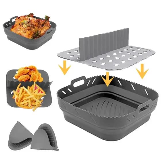 Cesto de Silicone para Air Fryer, Formato Quadrado, Reutilizável, Dobrável, Livre de BPA, Acessório para Air Fryer, Forr
