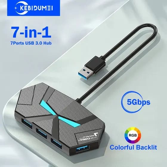 Hub USB 7 em 1, Hub USB 3.0 5Gbps, Estação de Acoplamento USB, Divisor USB, Adaptador OTG com Porta de Alimentação TYPE