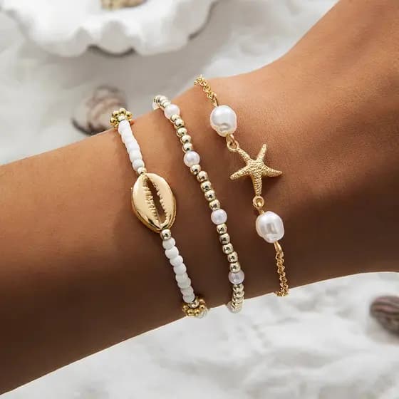 Conjunto de 3 Pulseiras de Concha de Verão para Mulheres, Estilo Boêmio, com Pingente de Estrela-do-mar, Pérolas e Miçan