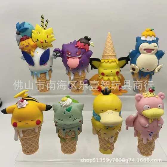 8 tipos de sorvete em cone com figuras de brinquedo do Pikachu, Pokémon, Bulbasaur e Psyduck.