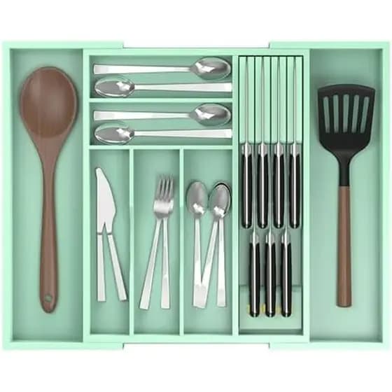 Organizador De Gaveta De Cozinha De Bambu , Talheres Expansível Com Bloco De Faca Removível , 6-8 Slots-Suporte De Utens