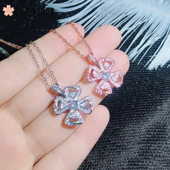 ❤ Original luxo fortuna flor sorte trevo de quatro folhas pingente flor rosa colar de ouro meninas moda jóias