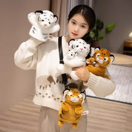 Simulação Tigre Brinquedo De Pelúcia Branco Mãe Bebê Boneca Mão Puppel Bolsa De Ombro Macio Nordeste Jardim Lembrança Pr